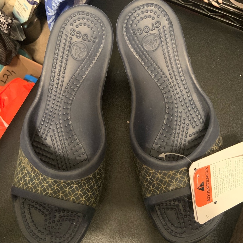 Blue croc slide on shoes